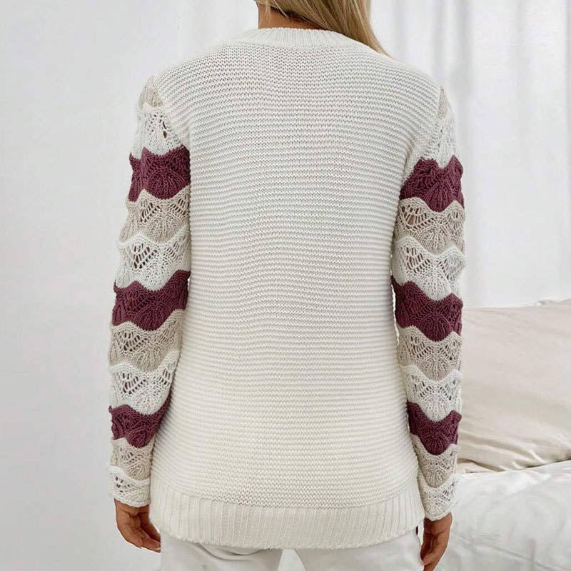 Color-blocking striped hollowed-out sweater