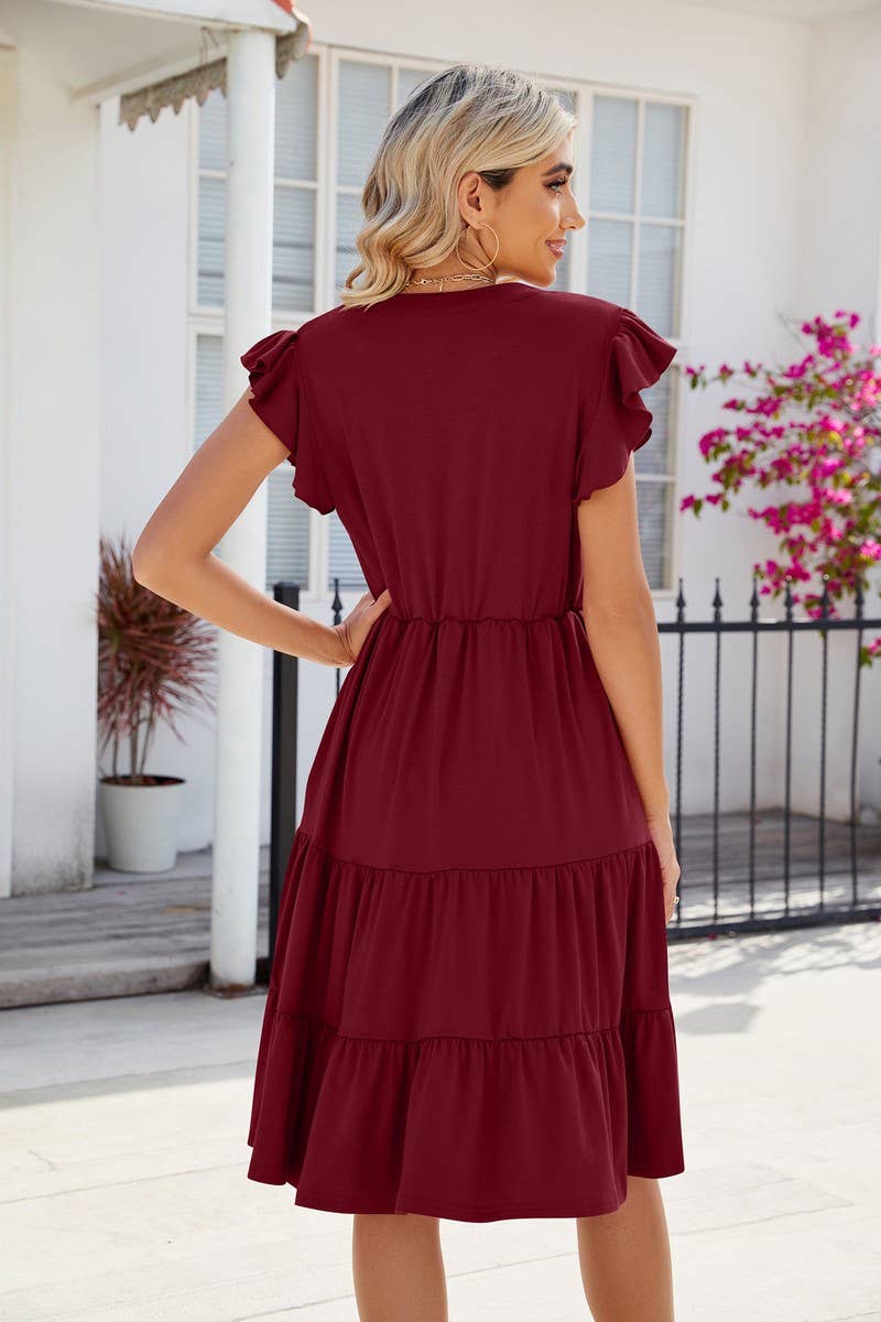 CWDMD2224_V-NECK RUFFLE SLEEVE SOLID COLOR CASUAL DRESS