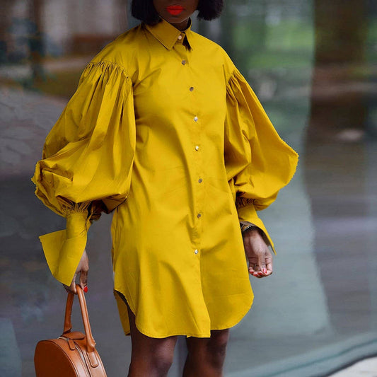 LOOSE PUFF SLEEVE SOLID COLOR CASUAL DRESS_CWDSD6067