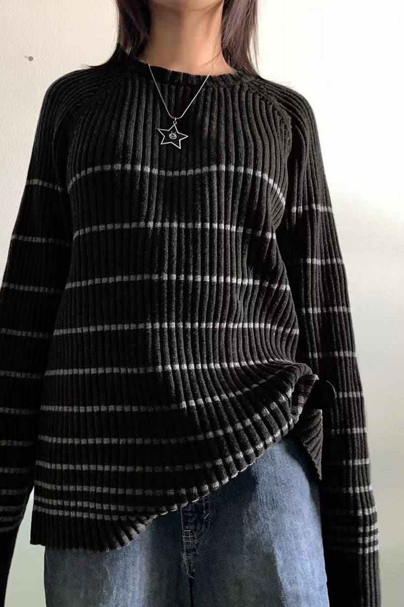 CWOSWL5745_STRIPED LONG-SLEEVED LOOSE CASUAL KNITTED SWEATER