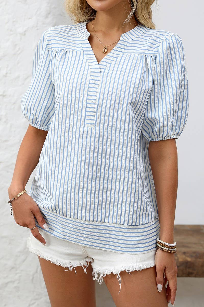 CWTBLS1814_SUMMER V-NECK PUFF SLEEVE STRIPED SHIRT