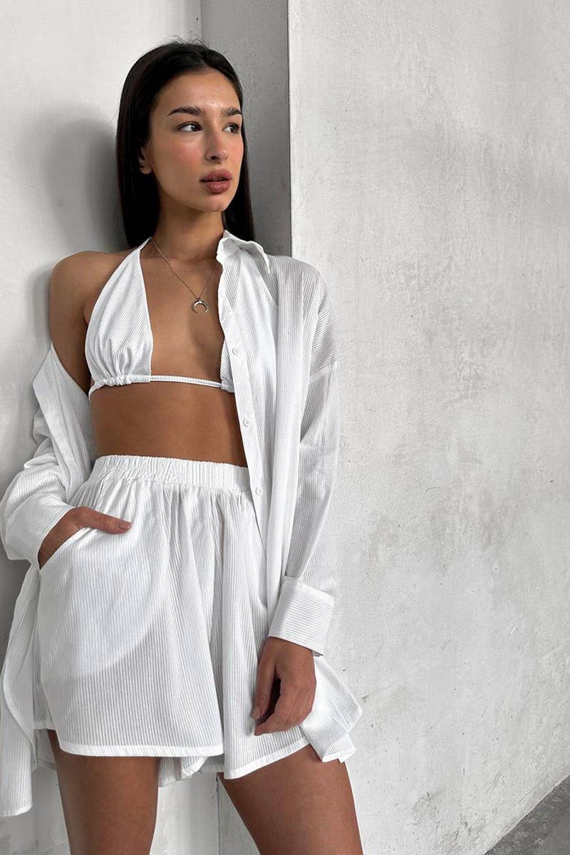 CWSPJ0259_WHITE LONG-SLEEVED UNDERWEAR SHORTS PAJAMA SET