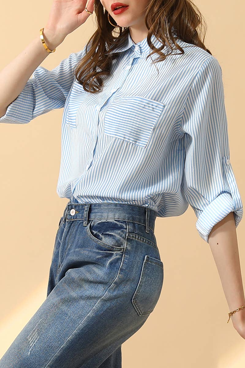 CWTSTL451_VERTICAL STRIPE BUTTON DOWN TWO POCKETS SHIRTS