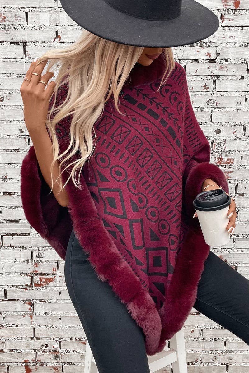 CWOSWS0094_FUR COLLAR GEOMETRIC PATTERN SWEATER SHAWL
