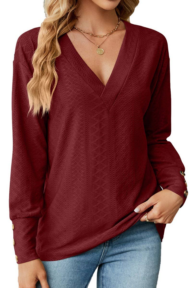 CWTTL1591_V-neck Pullover Long Sleeve Top
