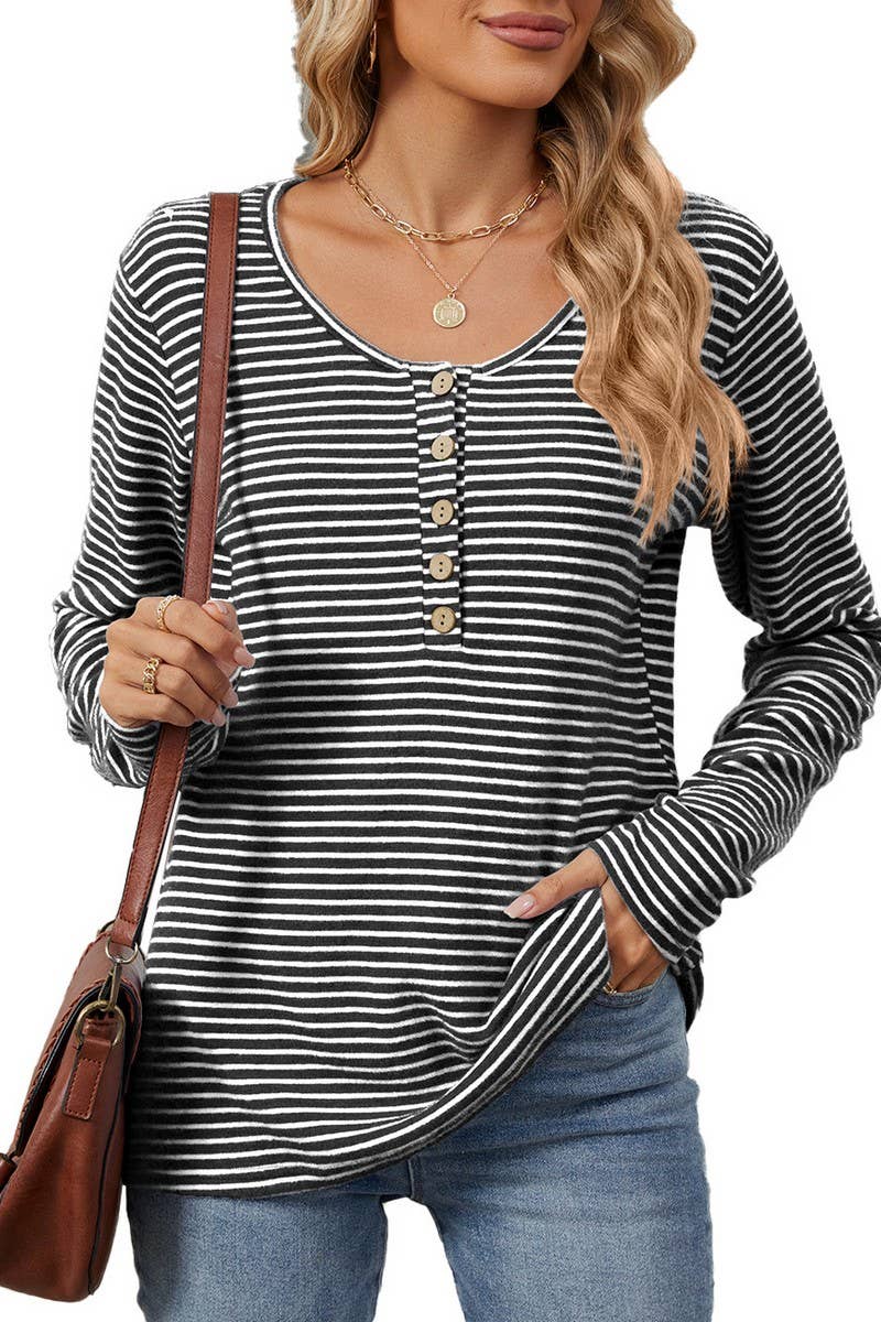 CWTBLL2353_ROUND NECK BUTTON LONG SLEEVE STRIPED CASUAL TOP