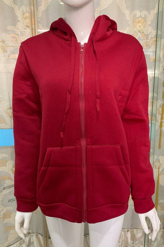 CWOHOL0284_ZipUp Open Front Hoodie In Fleece Long Sleeve Top