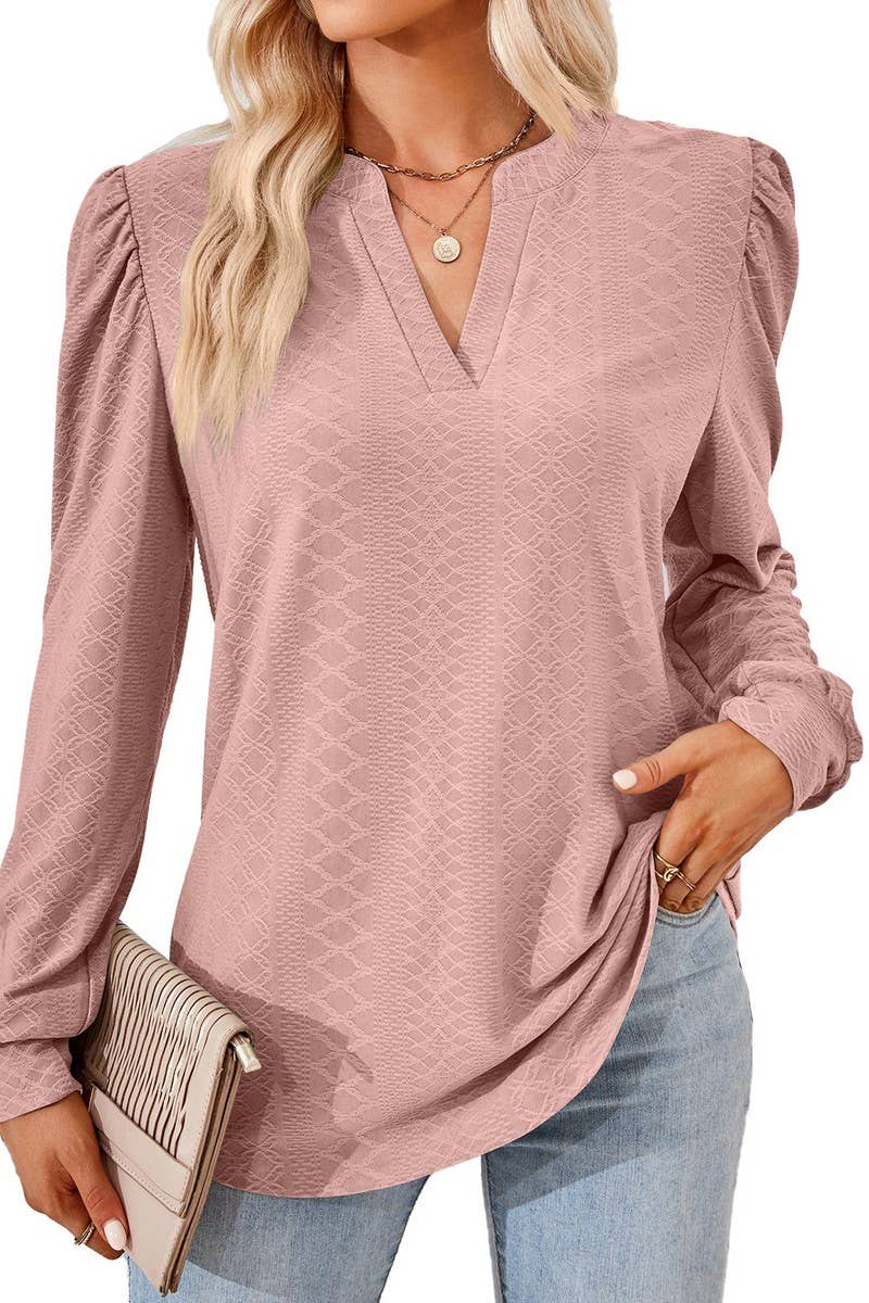 CWTBLL2374_SOLID COLOR V-NECK JACQUARD LONG-SLEEVED TOP