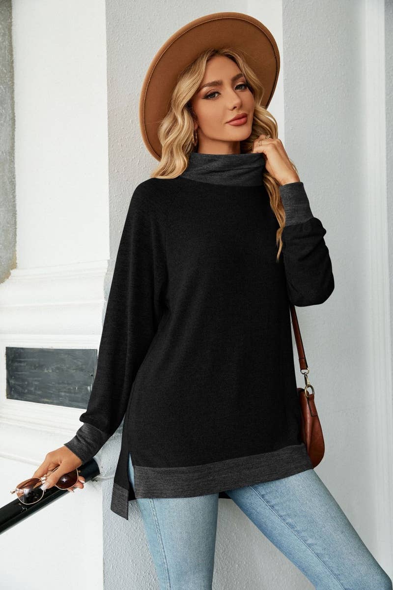 CWOSWL6537_HIGH-NECK CONTRASTING COLOR LONGSLEEVED SPLIT TOP
