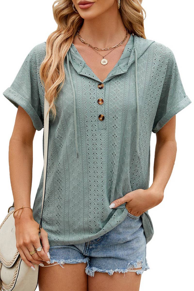 CWTTS1351_SUMMER BUTTON HOODED SHORT-SLEEVED T-SHIRT