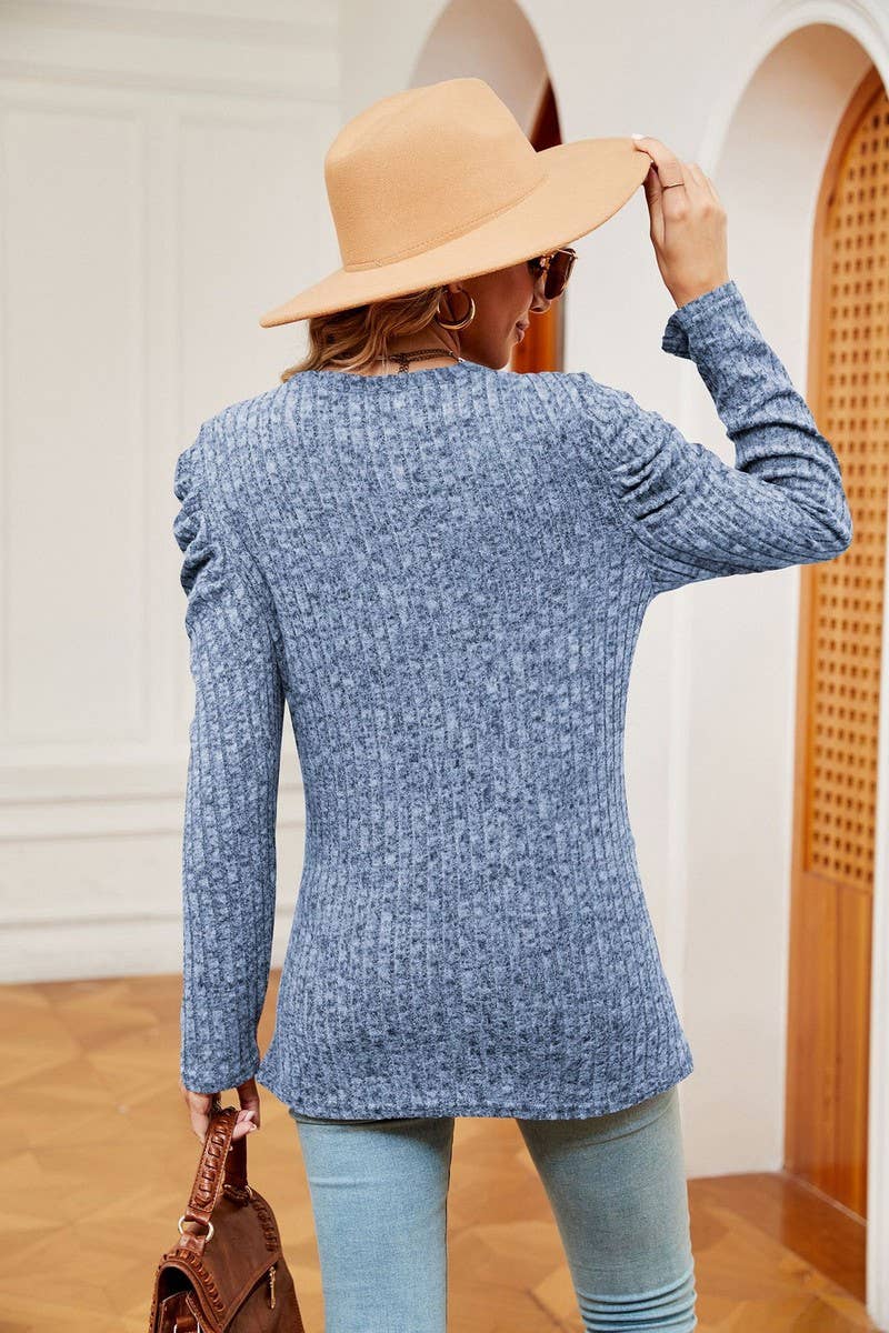 CWTBLL2403_ROUND NECK LONG SLEEVE TWISTED PUFF SLEEVE TOP