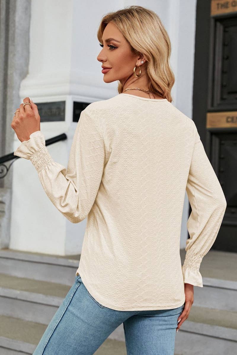 CWTBLL2822_LACE LACE PATCHWORK V-NECK LONG SLEEVE TOP