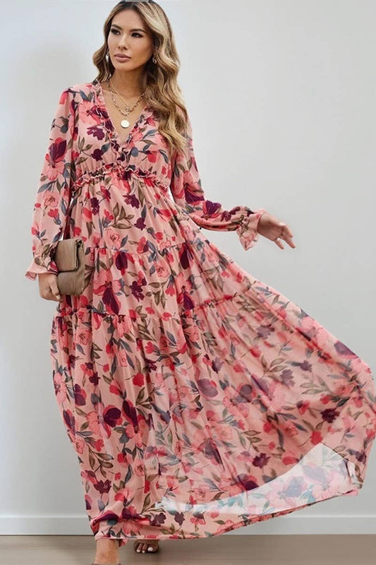 CWDMD01220_V NECK PRINTED LONG ELEGANT EVENING DRESS