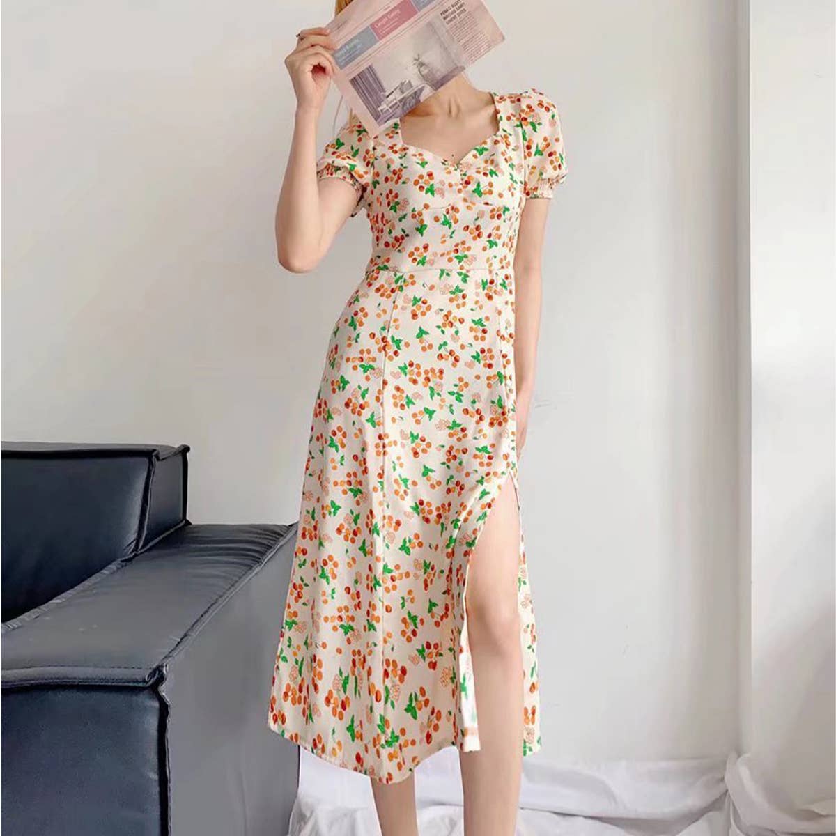 FRENCH CHERRY PRINT SHORT SLEEVE SPLIT DRESS