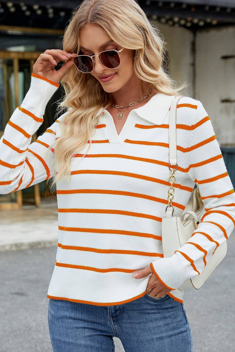CWOSWL07719_CASUAL STRIPED LAPEL KNITTED LONG-SLEEVED TOP