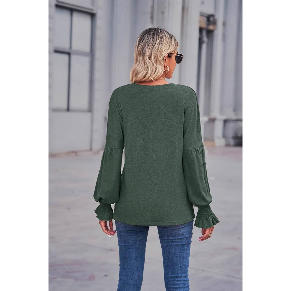 CWTBLL1880_ROUND NECK LOOSE CUFFS LANTERN SLEEVE TOP