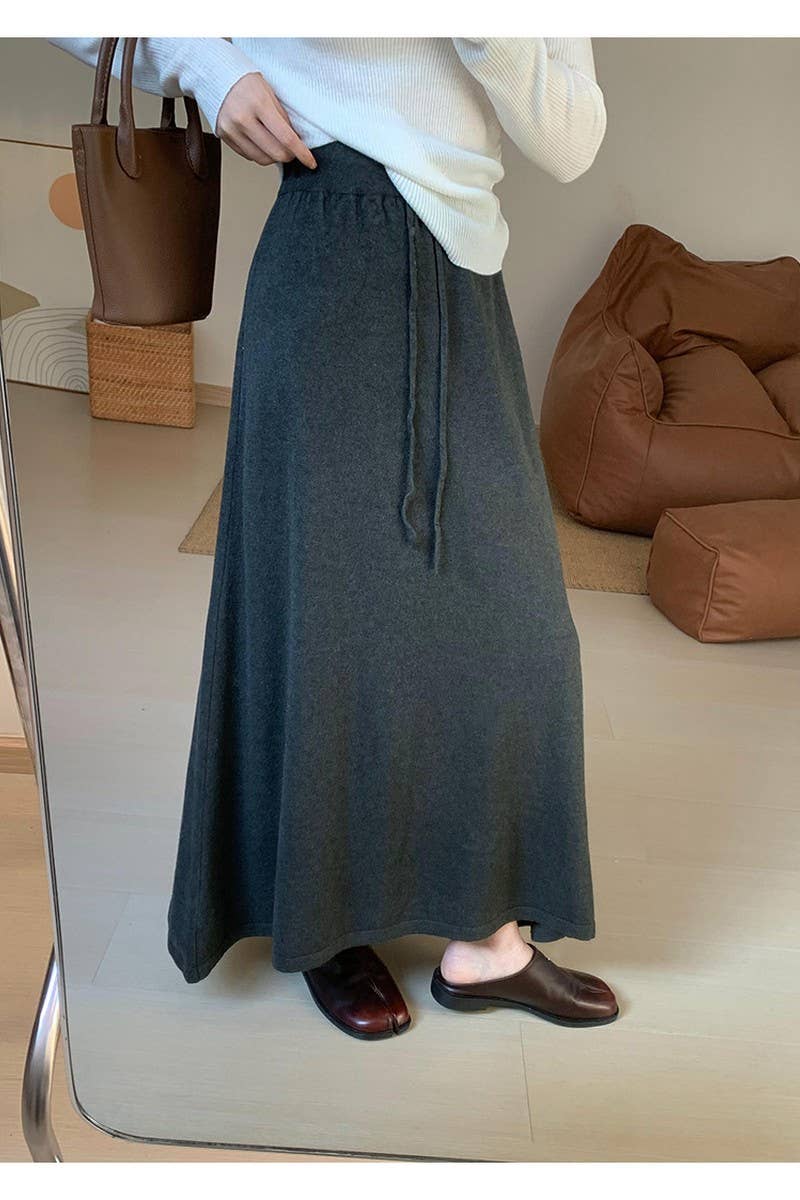 CWBLS0300_SOLID COLOR DRAWSTRING LONG KNIT SKIRT
