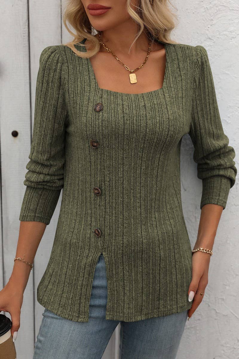 CWOSWL6829_SQUARE NECK BRUSHED SOLID COLOR LONG SLEEVE TOP