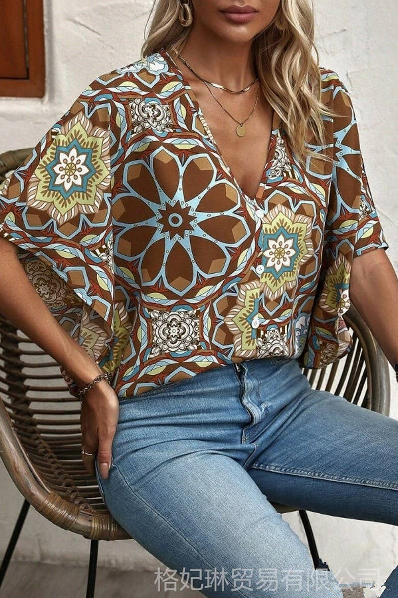 CWTBLL3983_V-NECK FLORAL BATWING SLEEVE BLOUSE