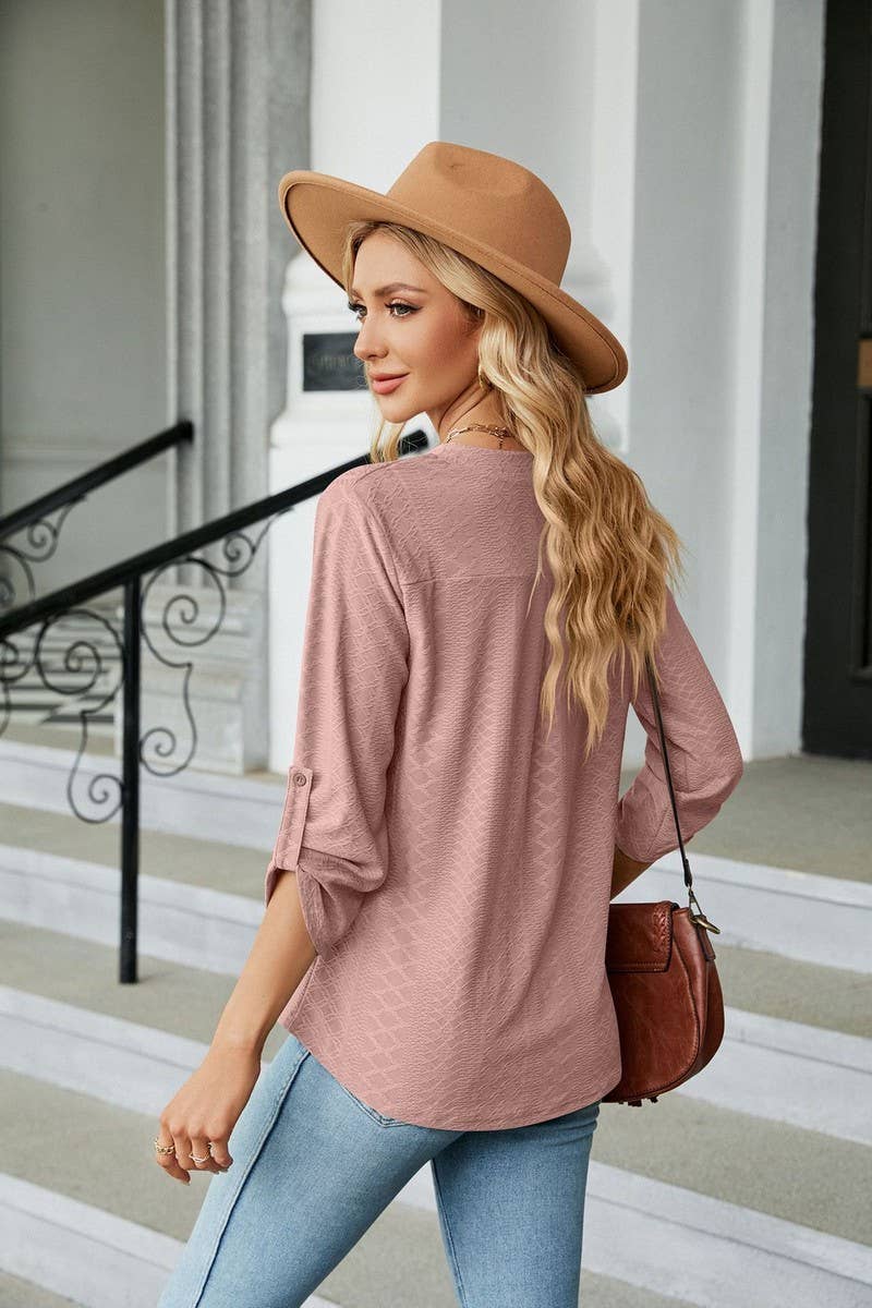 CWTBLL0884_V-NECK BUTTON-DOWN LONG-SLEEVED LOOSE TOP