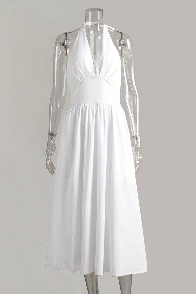 CWDMD6081_SOLID V NECK TIE WAIST FLOWY MAXI DRESS