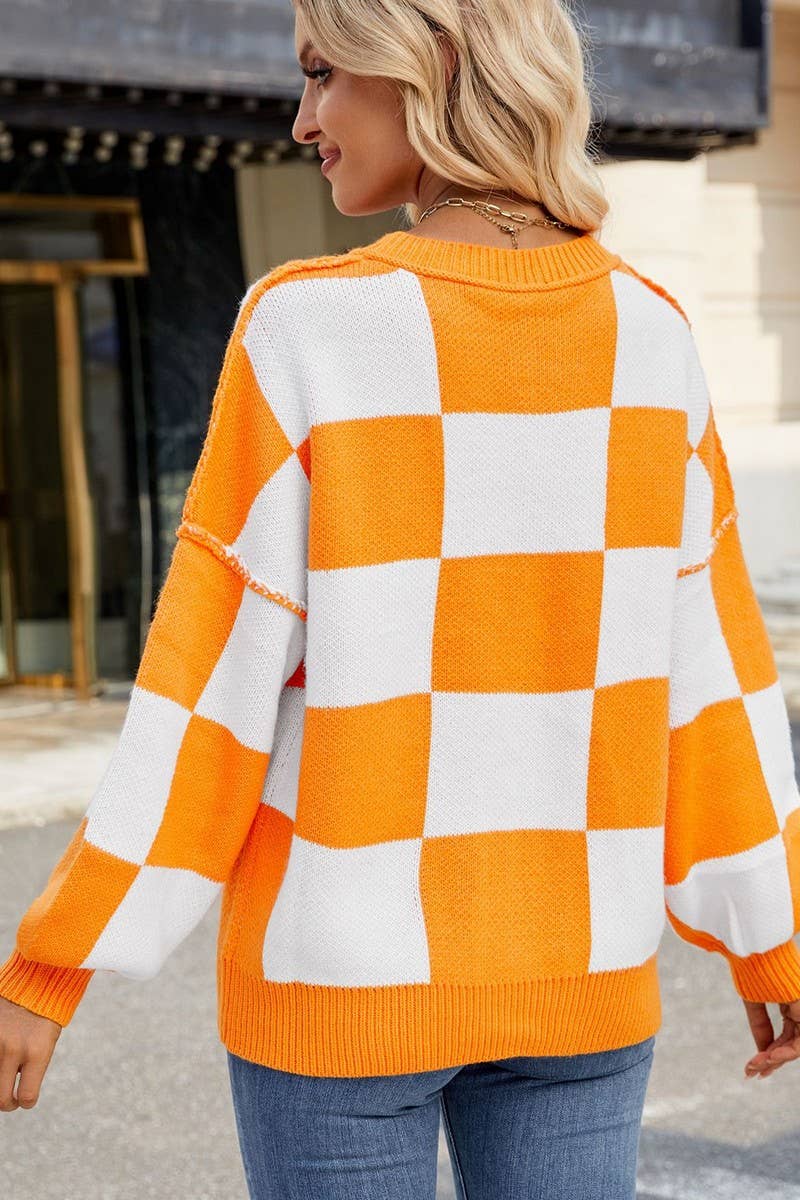 CWOSWL07726_LOOSE CASUAL PLAID COLORBLOCK SWEATER