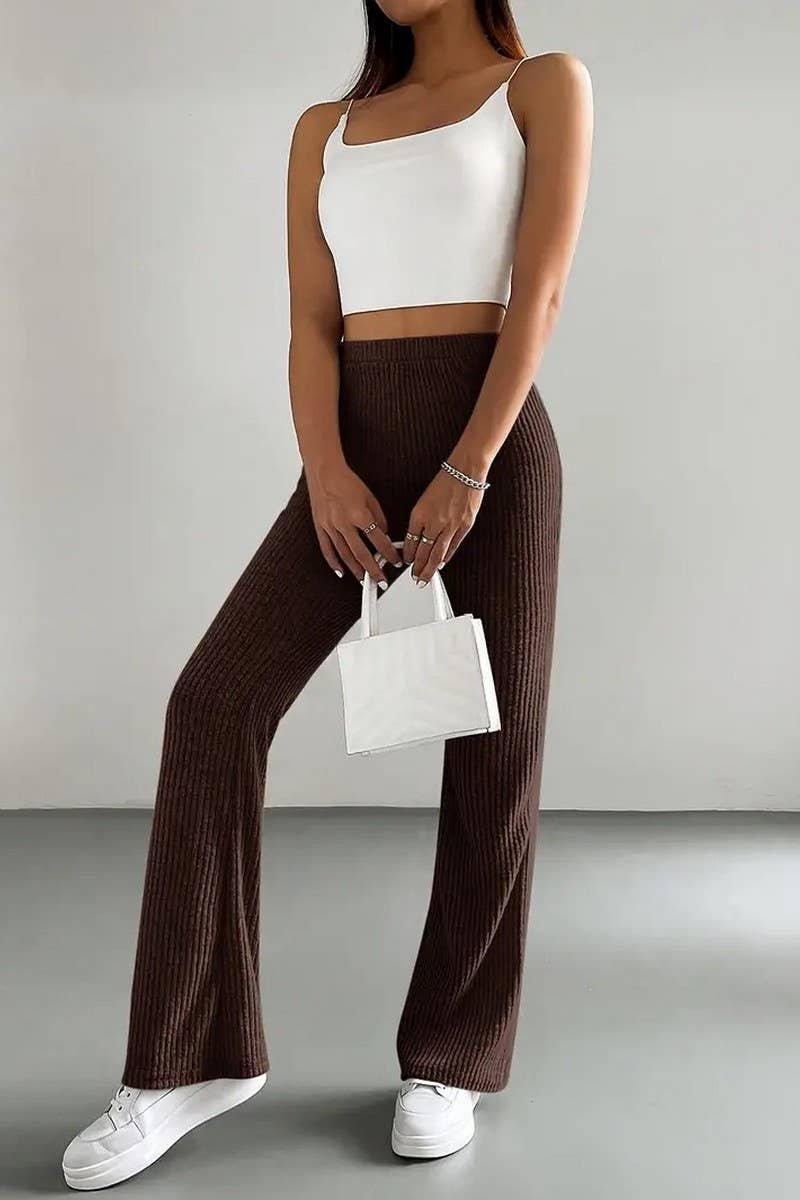 CWBLP1118_SOLID RIBBED SLIM-FIT KNIT BOOTCUT PANTS