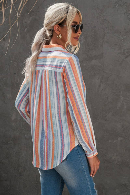 CWTSTL2350_STRIPED LAPEL LONG SLEEVE LOOSE SHIRT TOP