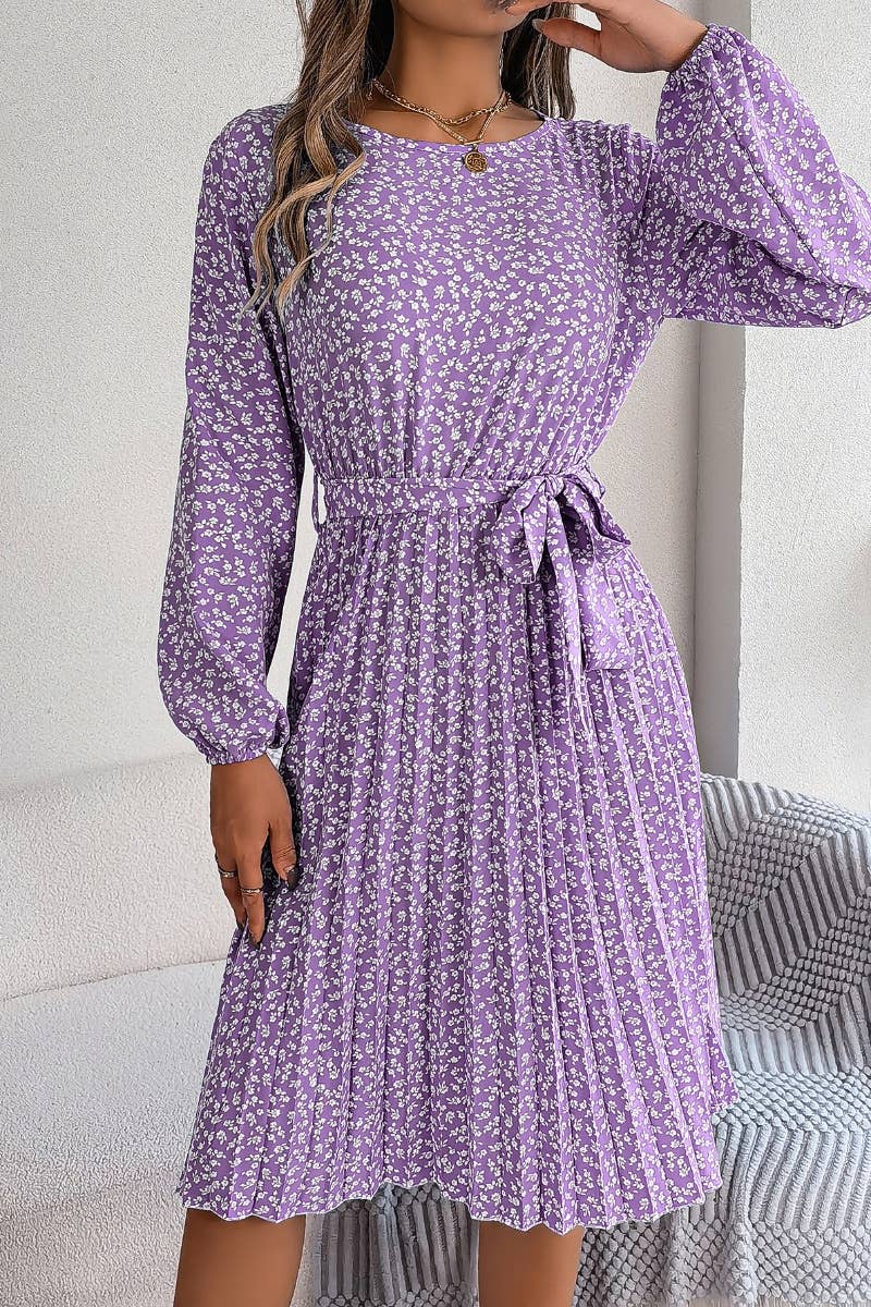 CWDSD4657_LONG-SLEEVED FLORAL PLEATED ONE-PIECE SKIRT