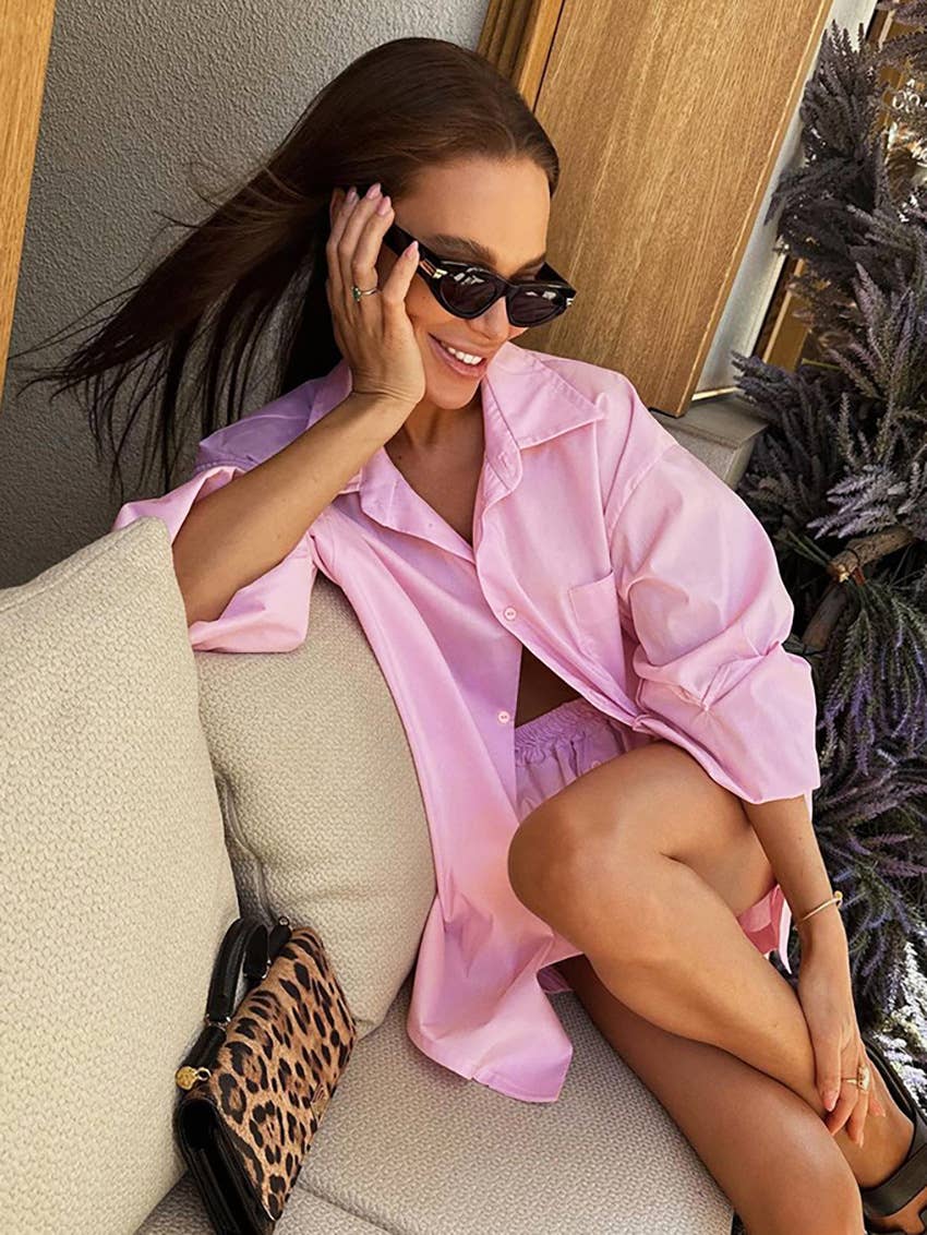 Chic solid color shirt & shorts casual set