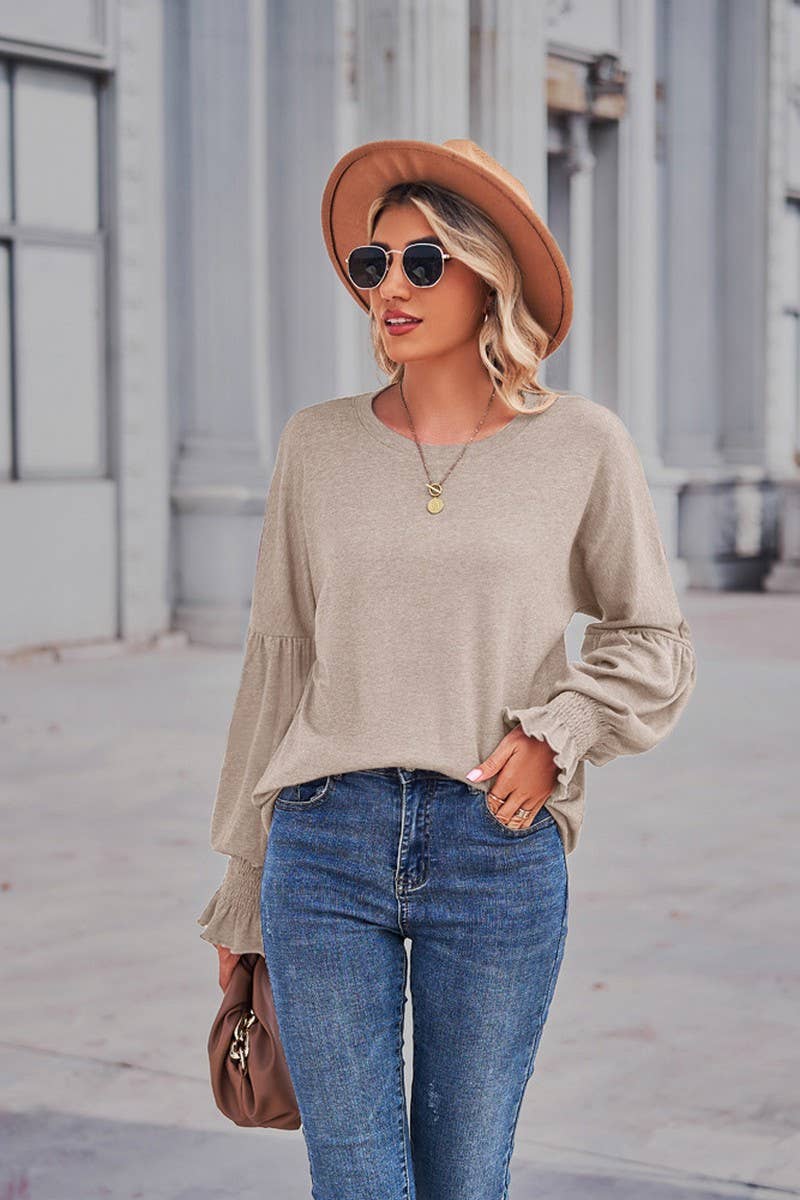 CWTBLL1880_ROUND NECK LOOSE CUFFS LANTERN SLEEVE TOP