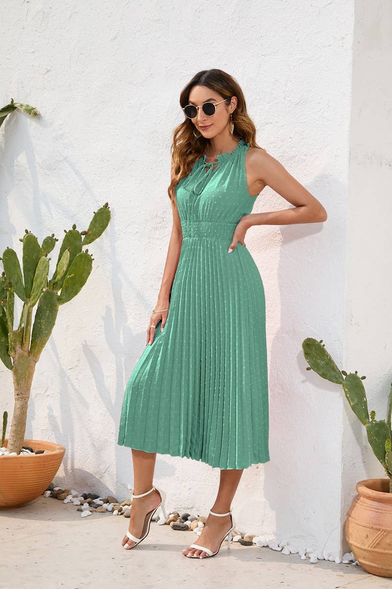 CWDMD2140_LACE UP HIGH WAISTED PLEATED HAIRBALL DRESS