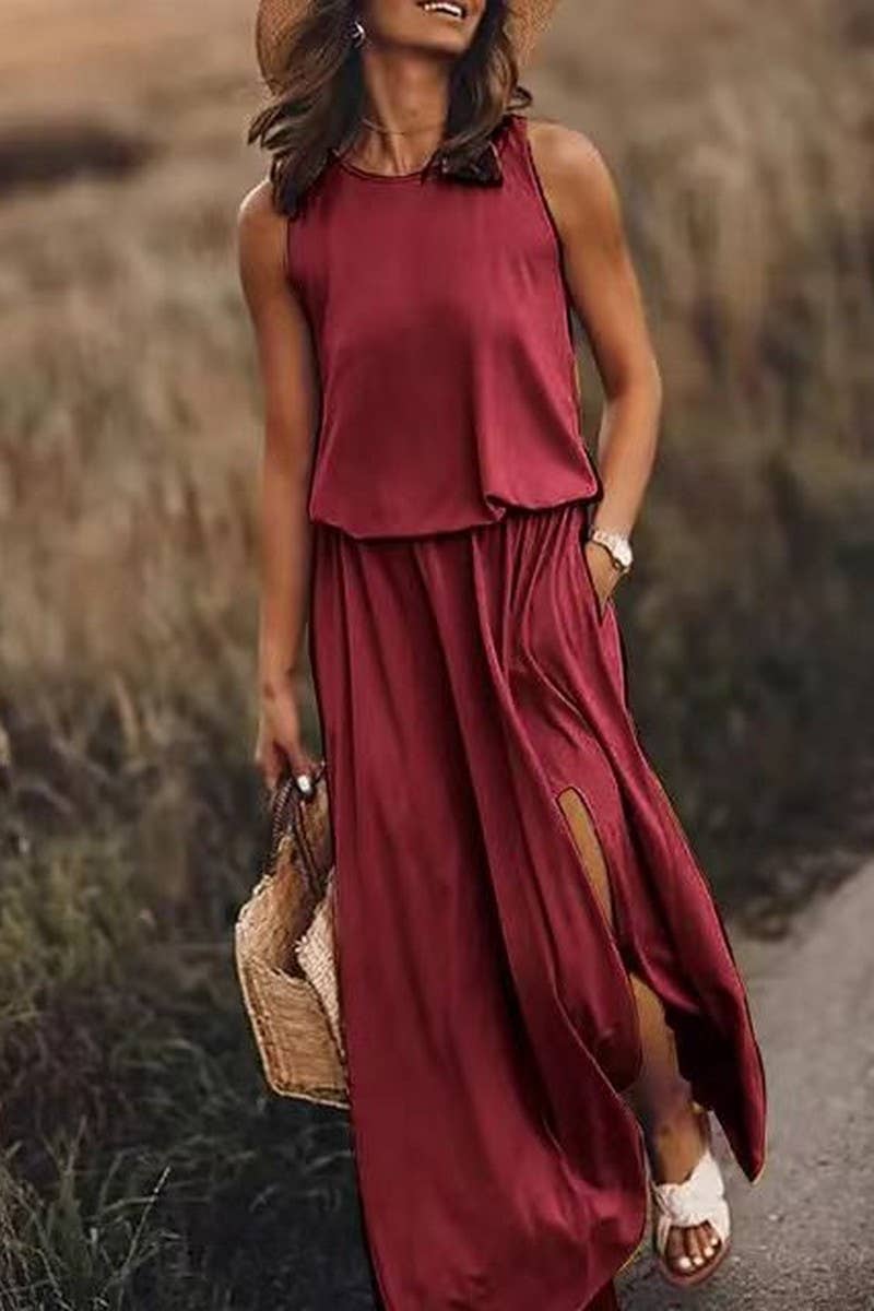 CWDMD5390_SOLID COLOR SLEEVELESS BALLOON LONG DRESS