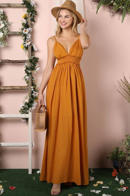 CWDMD819_Smocking Waist Maxi Dress with Adjustable Strap