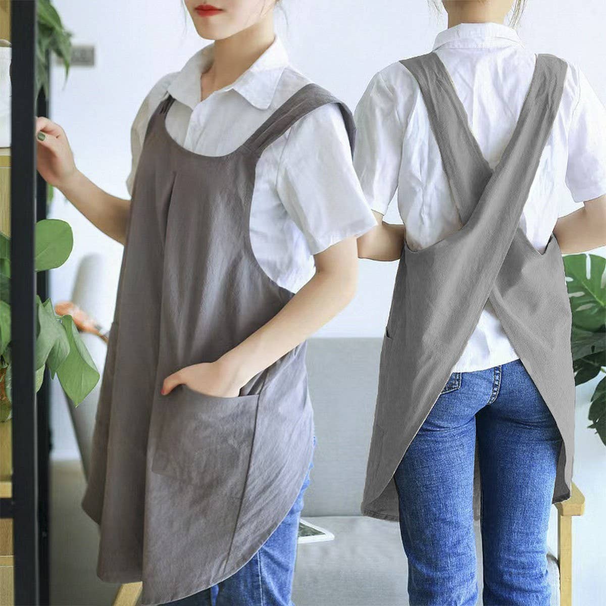 CWAB3993_COTTON AND LINEN SOLID COLOR TIE-FREE WORK APRON