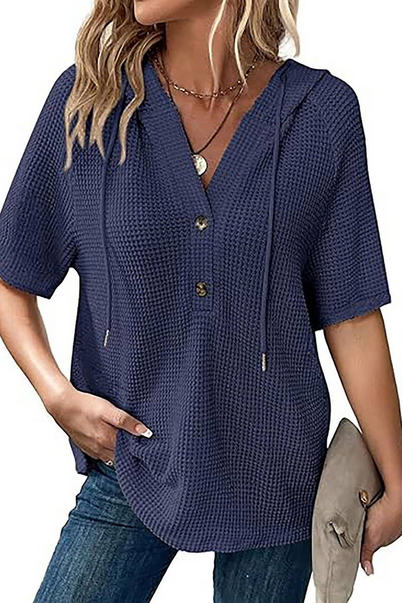 CWTBLS1773_WAFFLE DRAWSTRING HOODED SHORT-SLEEVED TOP