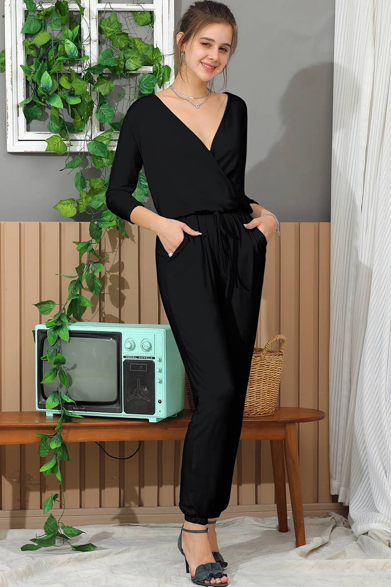 CWSJS221_V Neck Casual Jumpsuits Long Sleeve