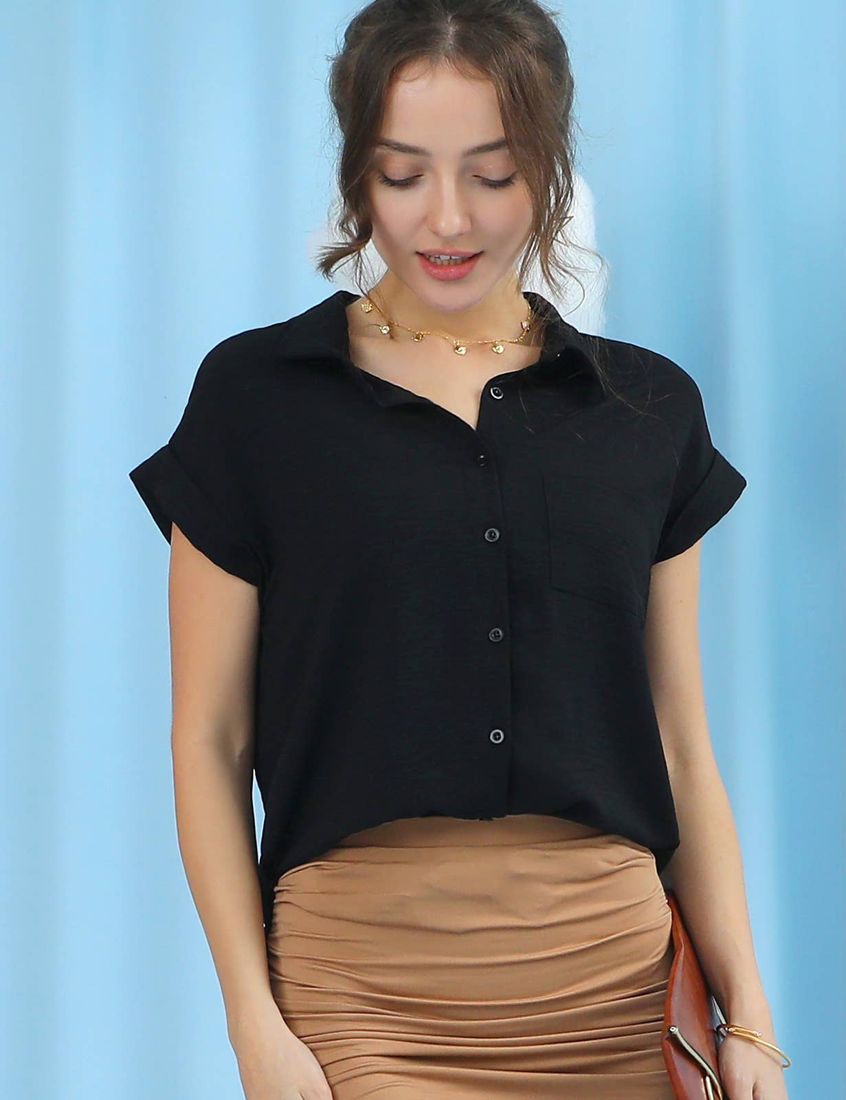 CWTBLS200_SINGLE BREASTED ROLLED SHORT SLEEVE BLOUSE SHIRT