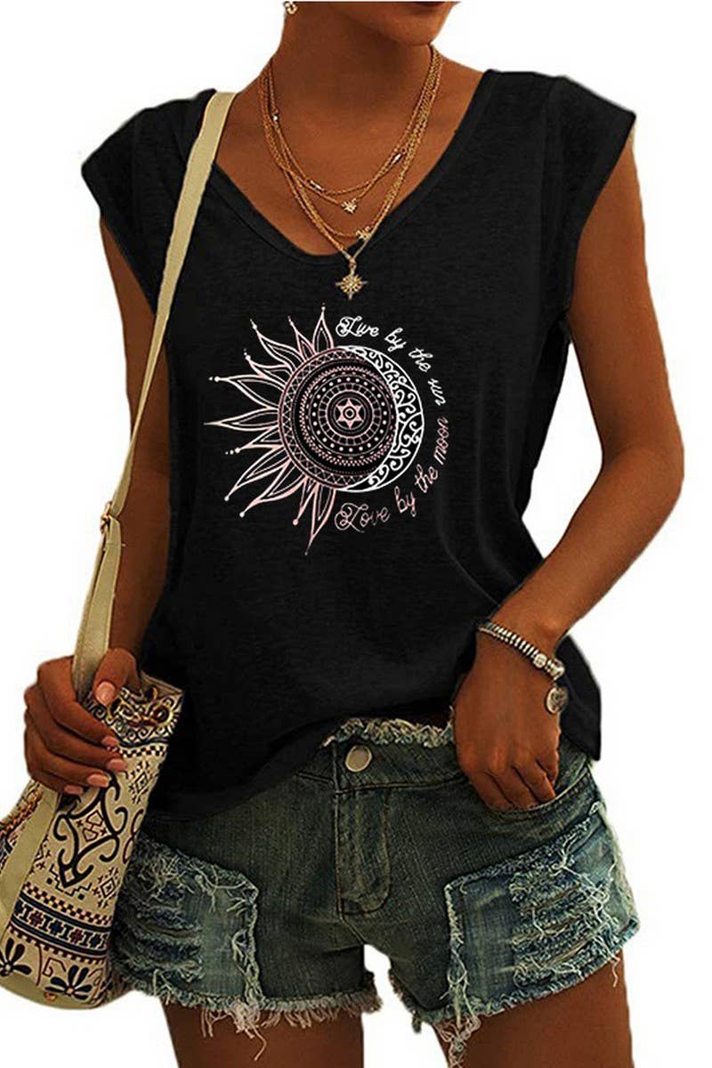 CWTTSL0407_V-NECK SUN AND MOON PRINT LOOSE T-SHIRT