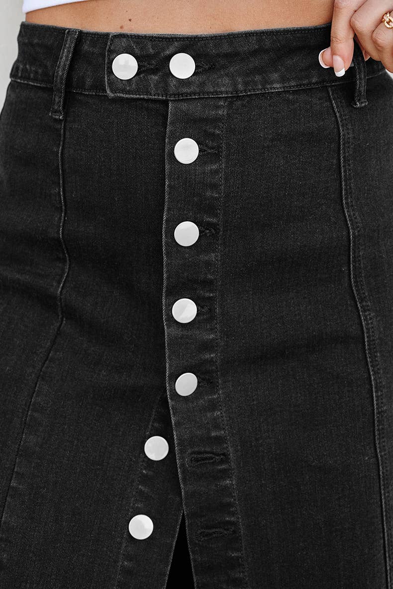 BUTTONED IRREGULAR SLIT HIGH WAISTED DENIM SKIRT