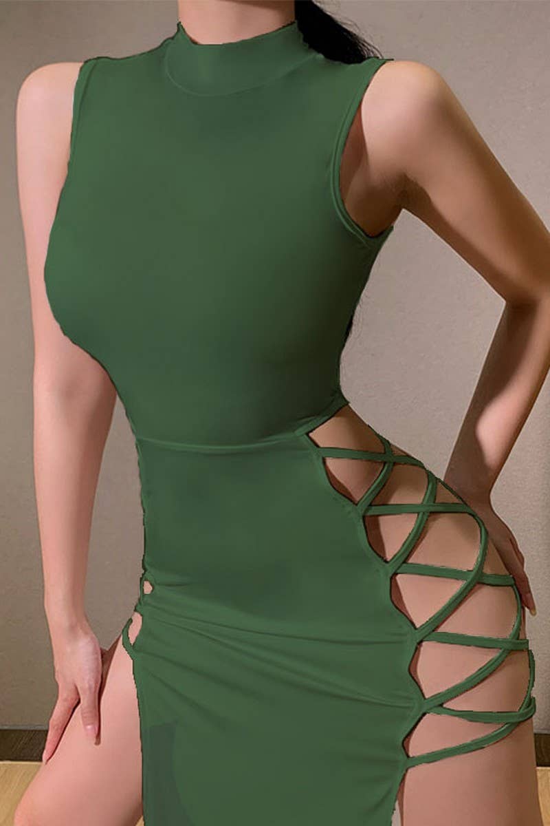 CWDSD7950_SLEEVELESS BODYCON TURTLENECK SPLIT MIDI DRESS