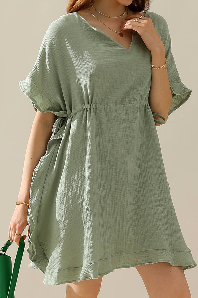 CWDSD10360_DRAWSTRING WAIST SOFT COTTON RUFFLE HEM DRESS