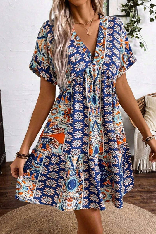 CWDSD6961_PRINTED V-NECK HIGH WAIST BAT SLEEVES DRESS
