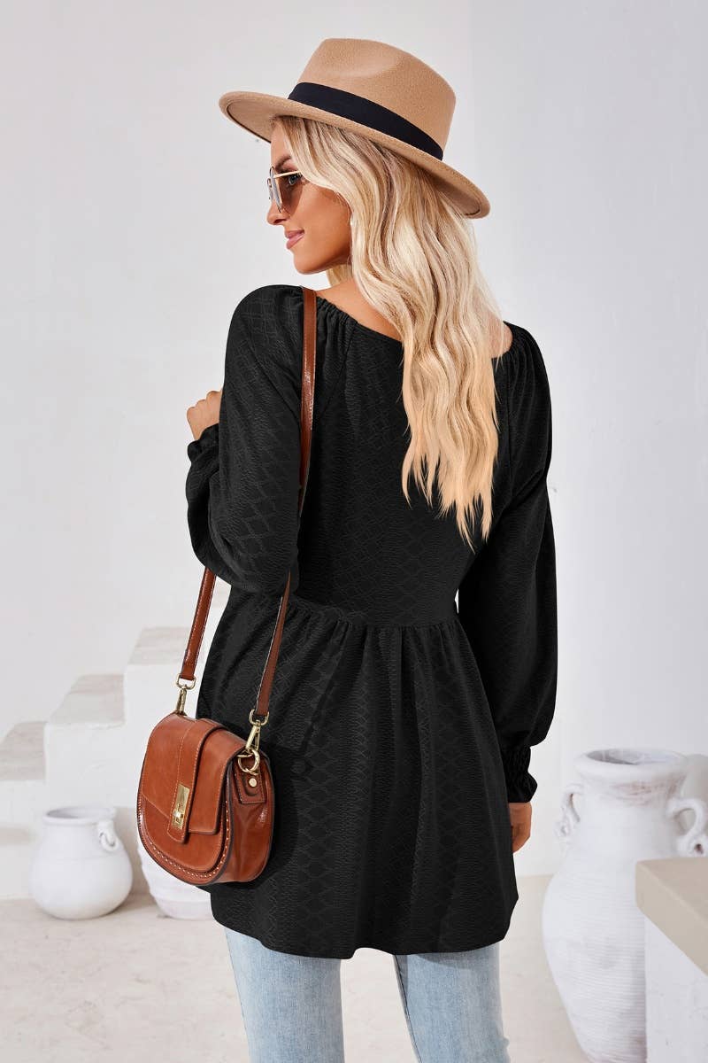 CWTBLL2817_SOLID COLOR PATCHWORK LONG-SLEEVED TUNIC