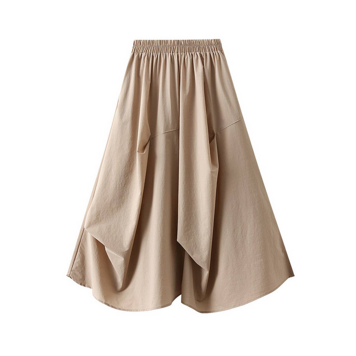 High-Waist Elastic Waist A-Line Pleated Midi Skirt
