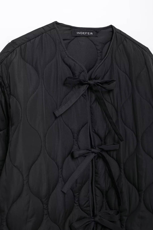 BOW EMBELLISHED BUTTON SOLID COLOR COTTON JACKET