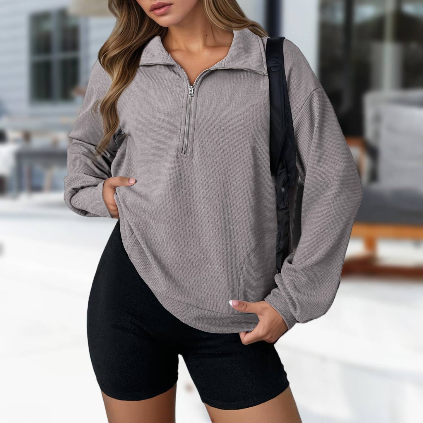 Fashionable loose lapel zipper lapel sweatshirt