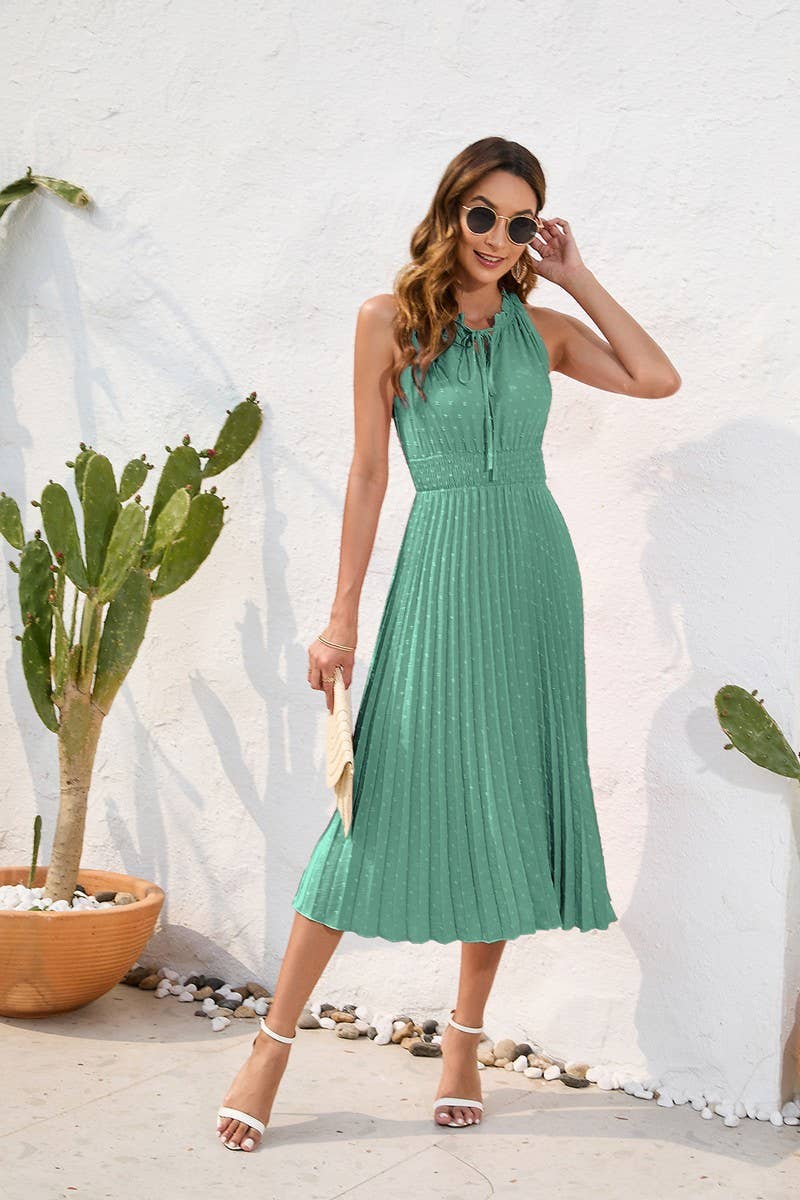 CWDMD2140_LACE UP HIGH WAISTED PLEATED HAIRBALL DRESS