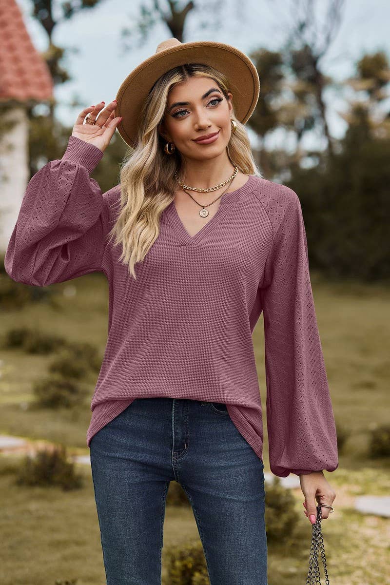 CWTBLL01313_V NECK WAFFLE KNIT SOLID LONG SLEEVE LOOSE TEE