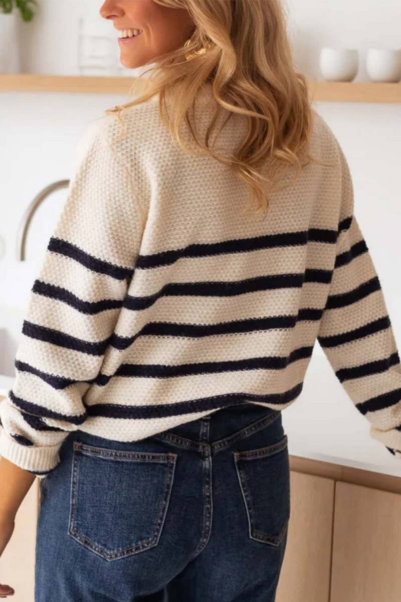 CWOSWL6961_STRIPED PULLOVER BUTTON-DOWN KNITTED SWEATER